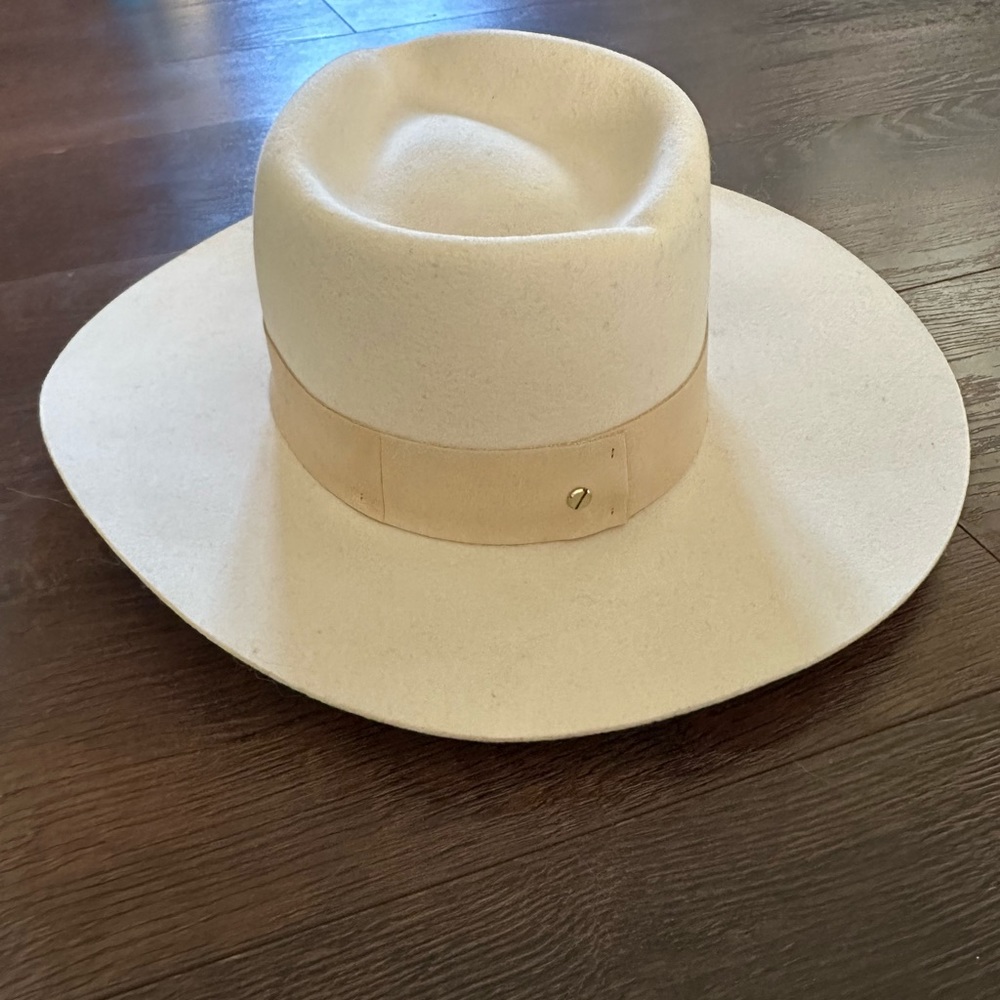 Janessa Leone Wide Brim Wool Fedora in Cream with Tan Band